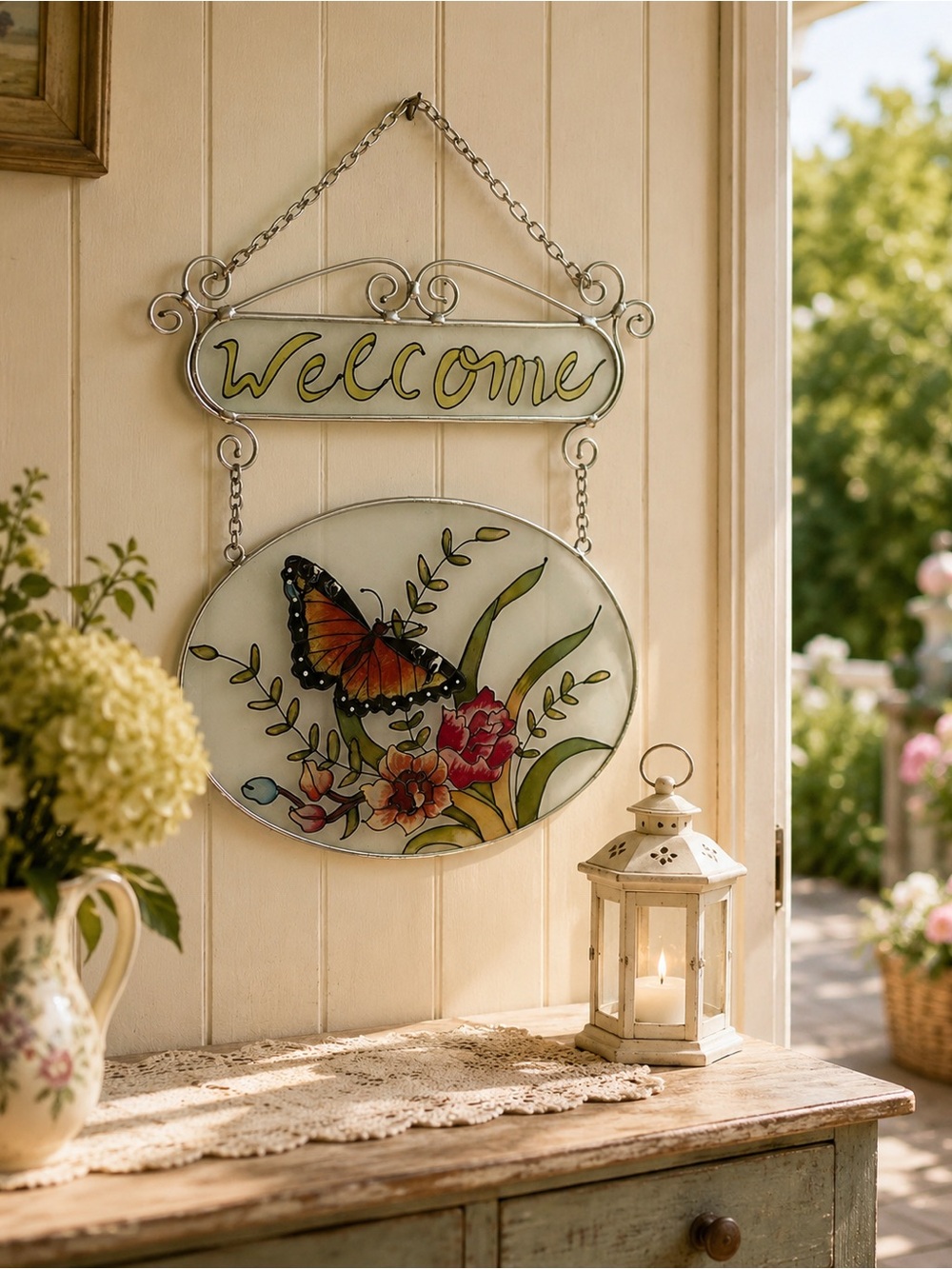 Butterfly Welcome Glass Look Wall Hanging Floral Metal Framed Decor 12 x 8